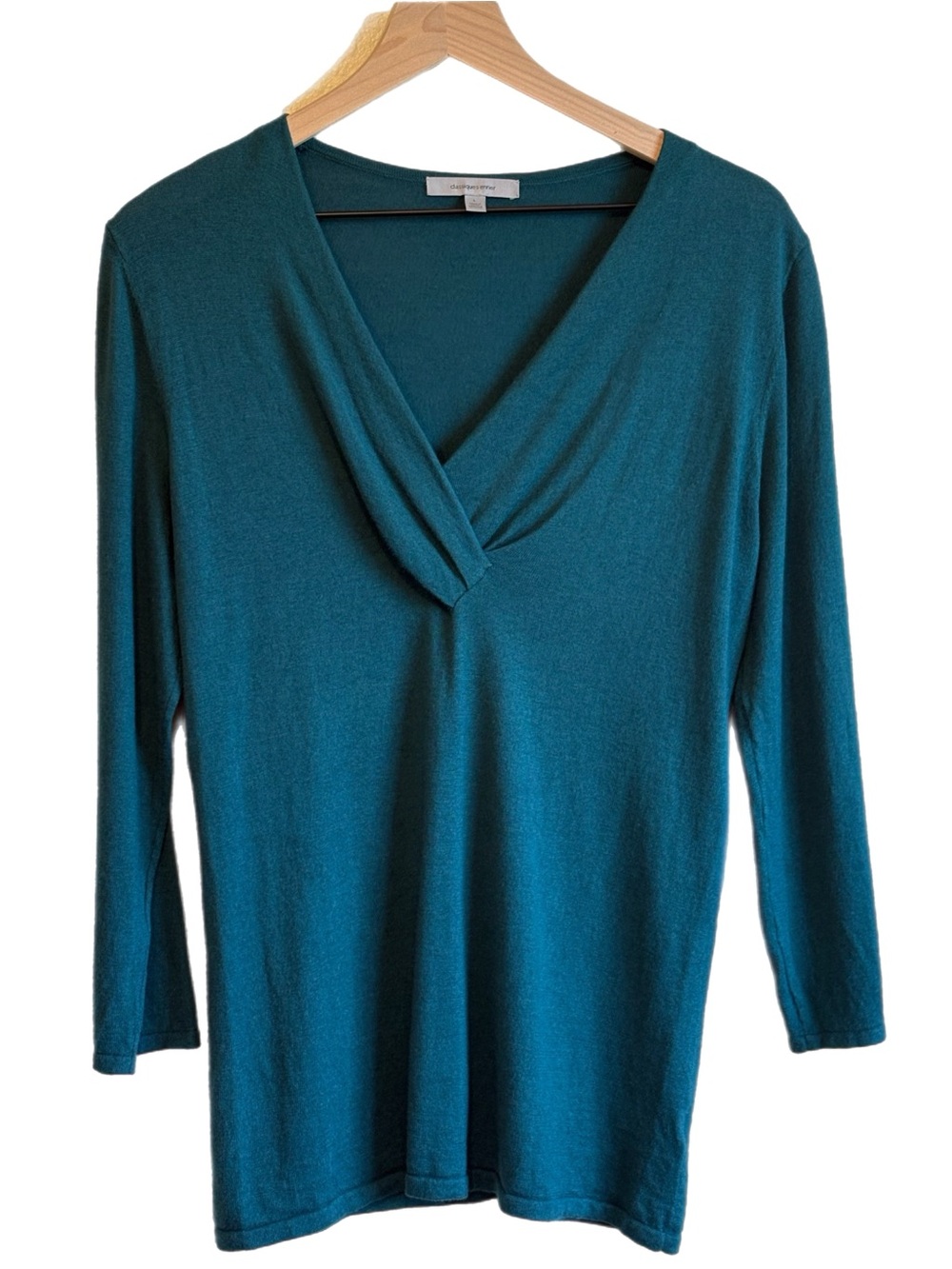 Classiques Entier Silk Blend Fine knit Twist V-Neck 3/4 Sleeve Sweater Teal L